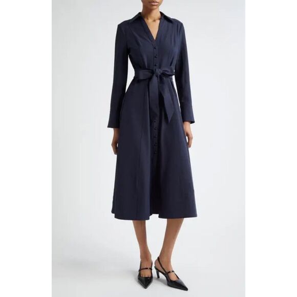 NWOT Cinq a Sept Kyla Long Sleeve Belted Midi Button Down Shirt Dress in Navy 10 - Picture 2 of 16